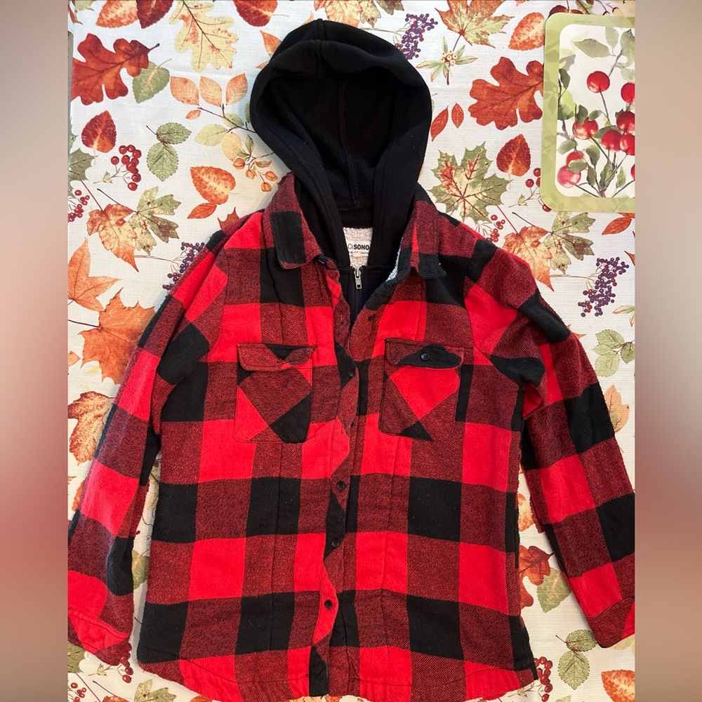 Cisono Quilted Hooded Flannel Shirt Jacket Adult L Red Shadow Plaid Button/Zip